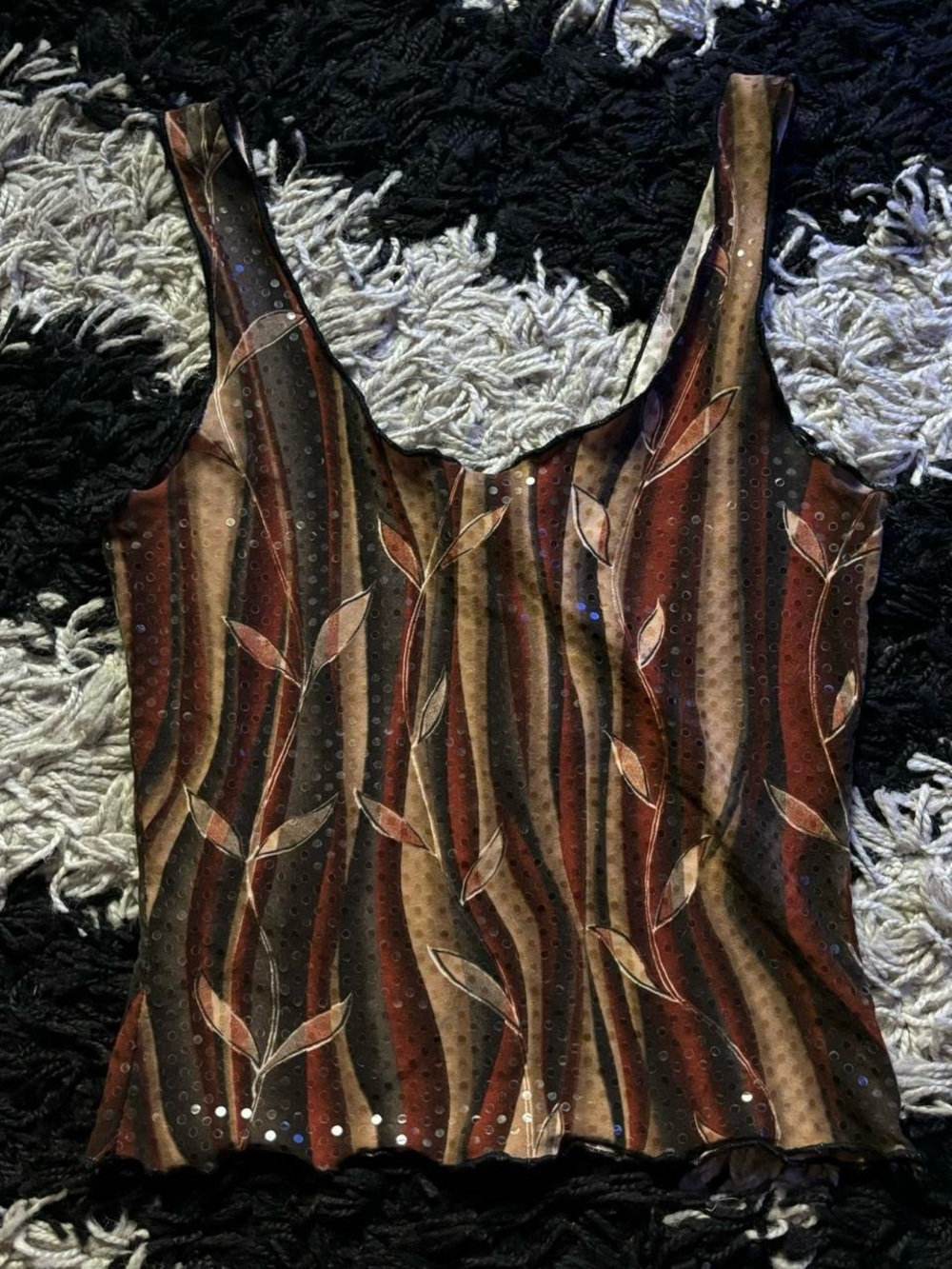 Boho Multicolor Shimmery Leaf Print Stripe-y Lettuce Hem Crop Fit Tank Top